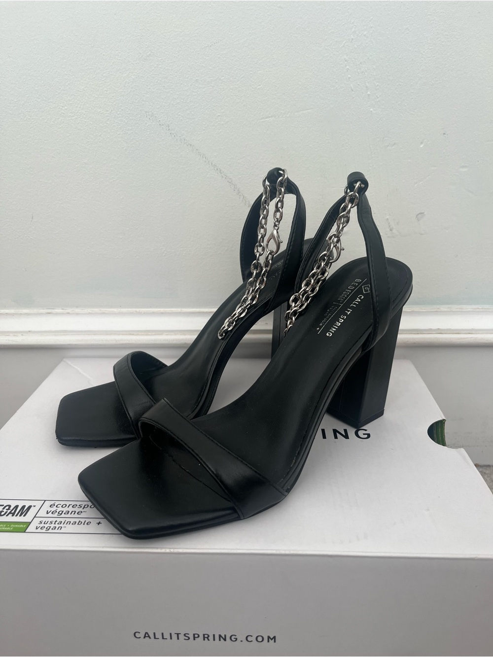 Call It Spring Black Chain-Ankle Block Heel Sandals